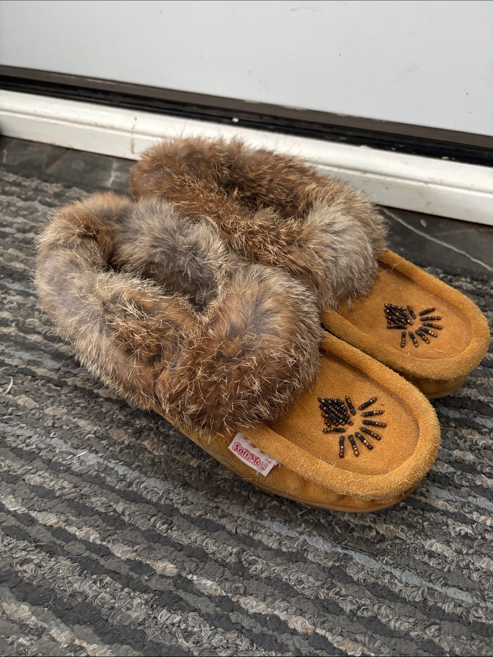 Faux Fur Collared Moccasin Slippers with Beaded Toe Detail